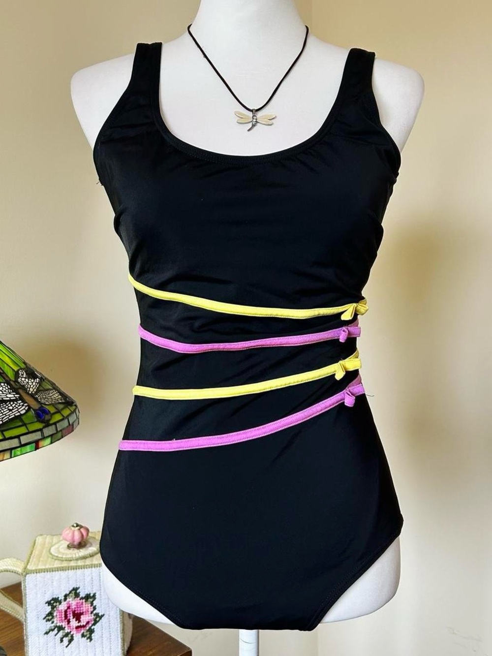 Vintage Y2K one piece swimsuit with bow & stripe detailing in yellow and pink